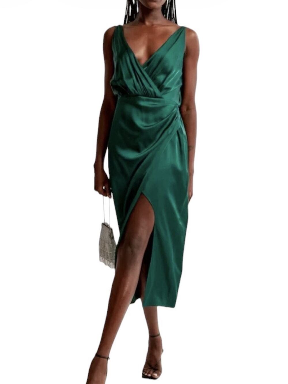Abercrombie & Fitch NWT Emerald Green Satin Faux Wrap Midi Dress Sz S V Neck